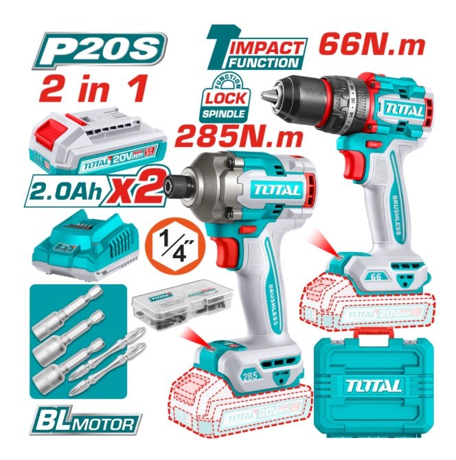 KIT TALADRO PERCUTOR+ATORNILLADOR TOTAL TCKLI20277-4